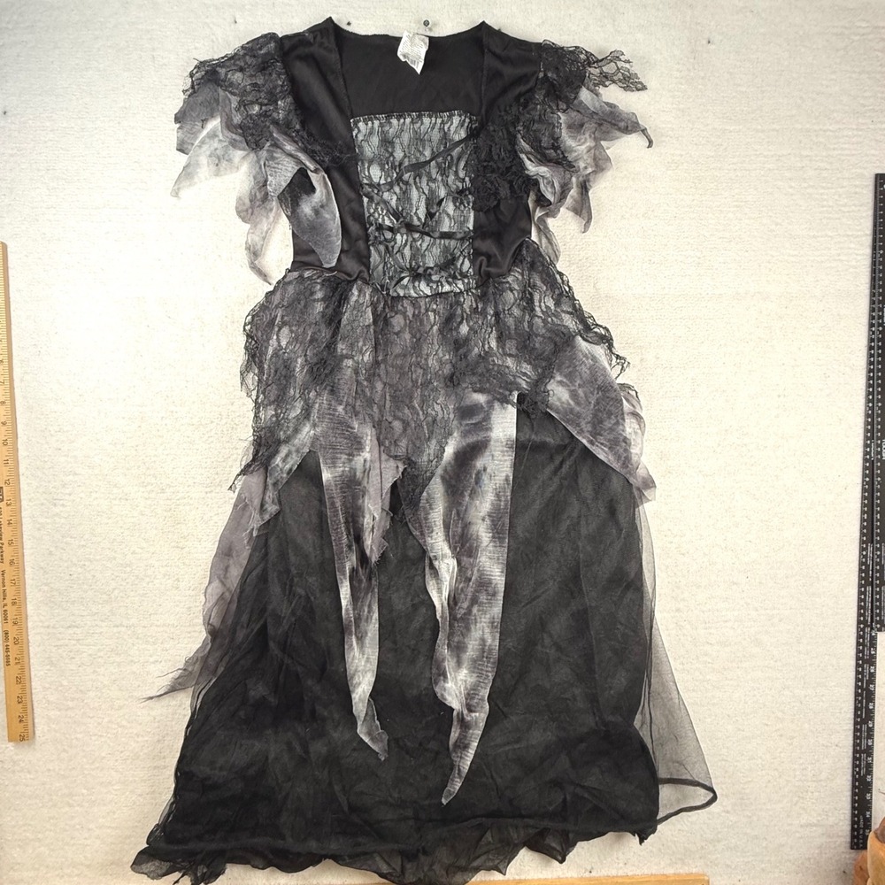 Fun World Gothic Ghost Costume Dress Girls Large 10-12 Black Grey Tattered Lace